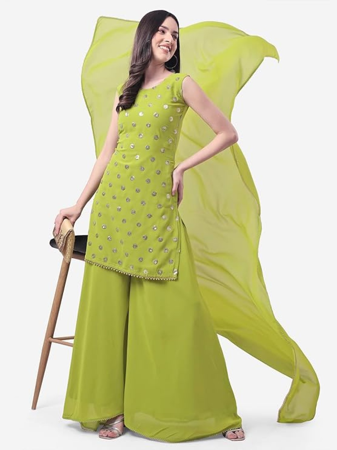 

PARROT CREATION Women Ethnic Motifs Embroidered Regular Sequinned Kurti with Palazzos & With Dupatta, Lime green