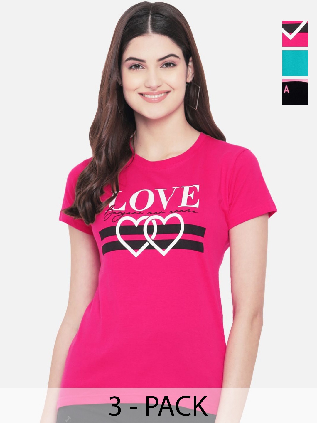 

Dreambe Women Pack Of 3 Graphic Printed Round Neck Cotton T-shirts, Pink