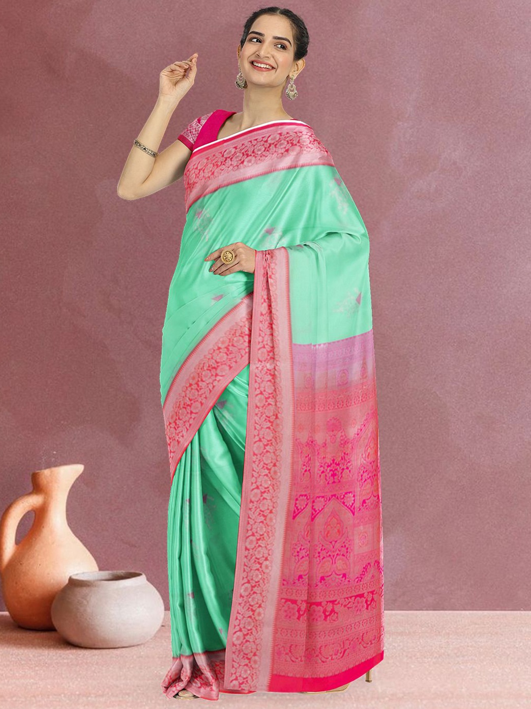 

Avishya Woven Design Zari Silk Blend Kanjeevaram Saree, Green