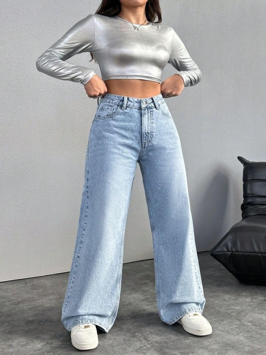 

POMPOUS Women Jean Wide Leg High-Rise Heavy Fade Stretchable Jeans, Blue
