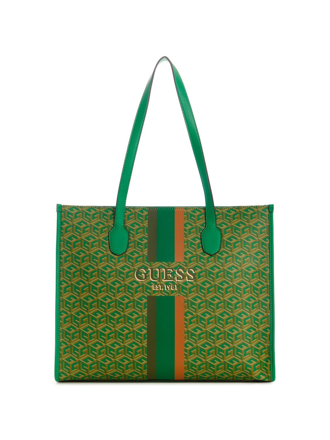 

GUESS Printed PU Structured Tote Bag with Cut Work, Green