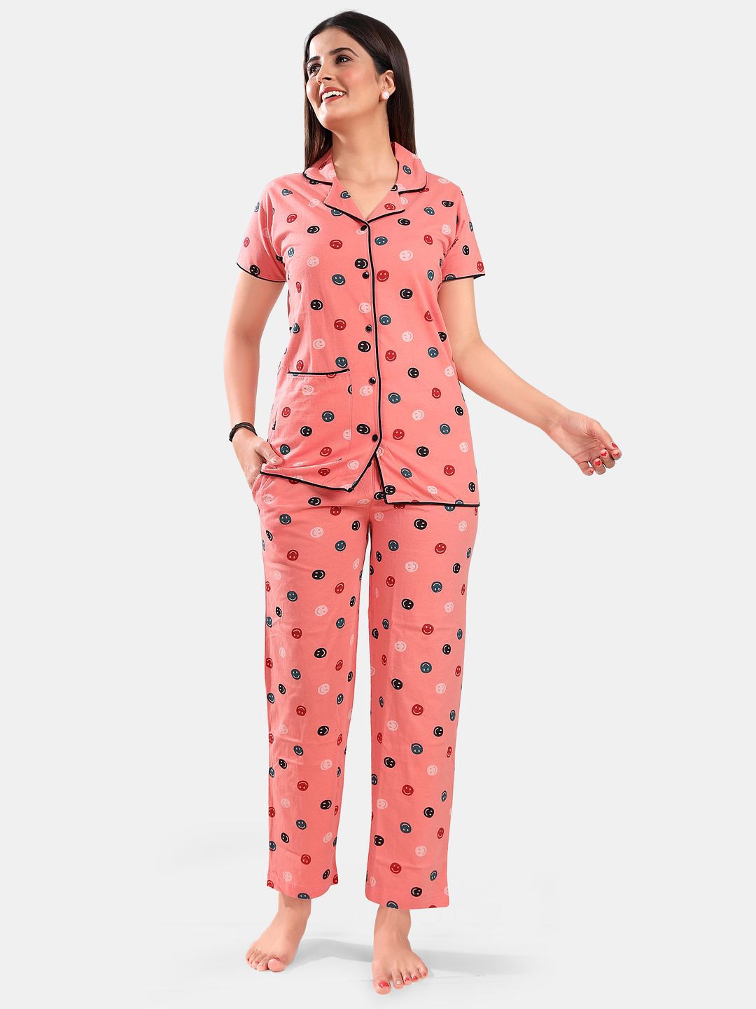 

SWEET MOON Printed Short Sleeves Shirt With Pyjama, Peach