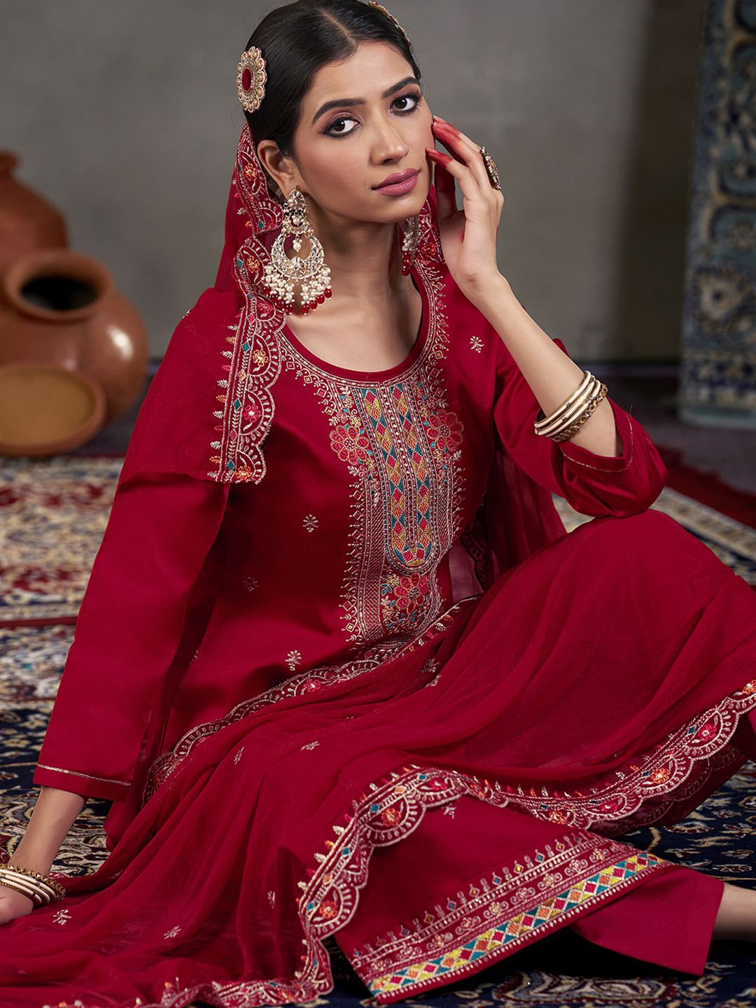

Anouk Embroidered Unstitched Dress Material, Red