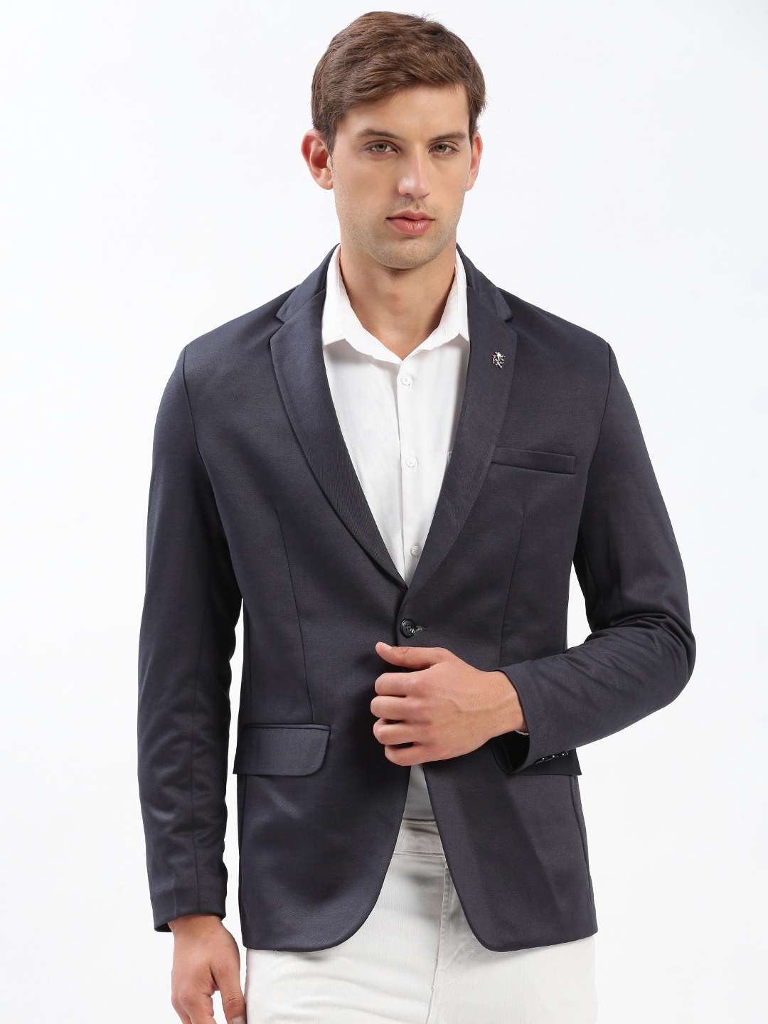 

SHOWOFF Notched Lapel Slim-Fit Cotton Single-Breasted Blazer, Navy blue