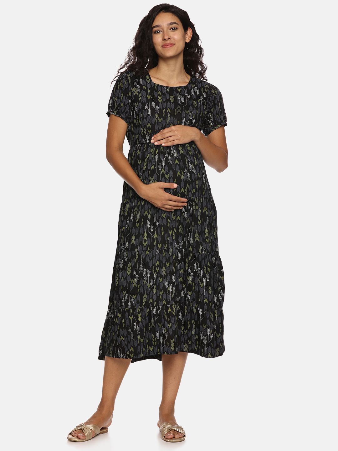 

Nejo Women Maternity Printed Fit And Flare Midi Dress, Black