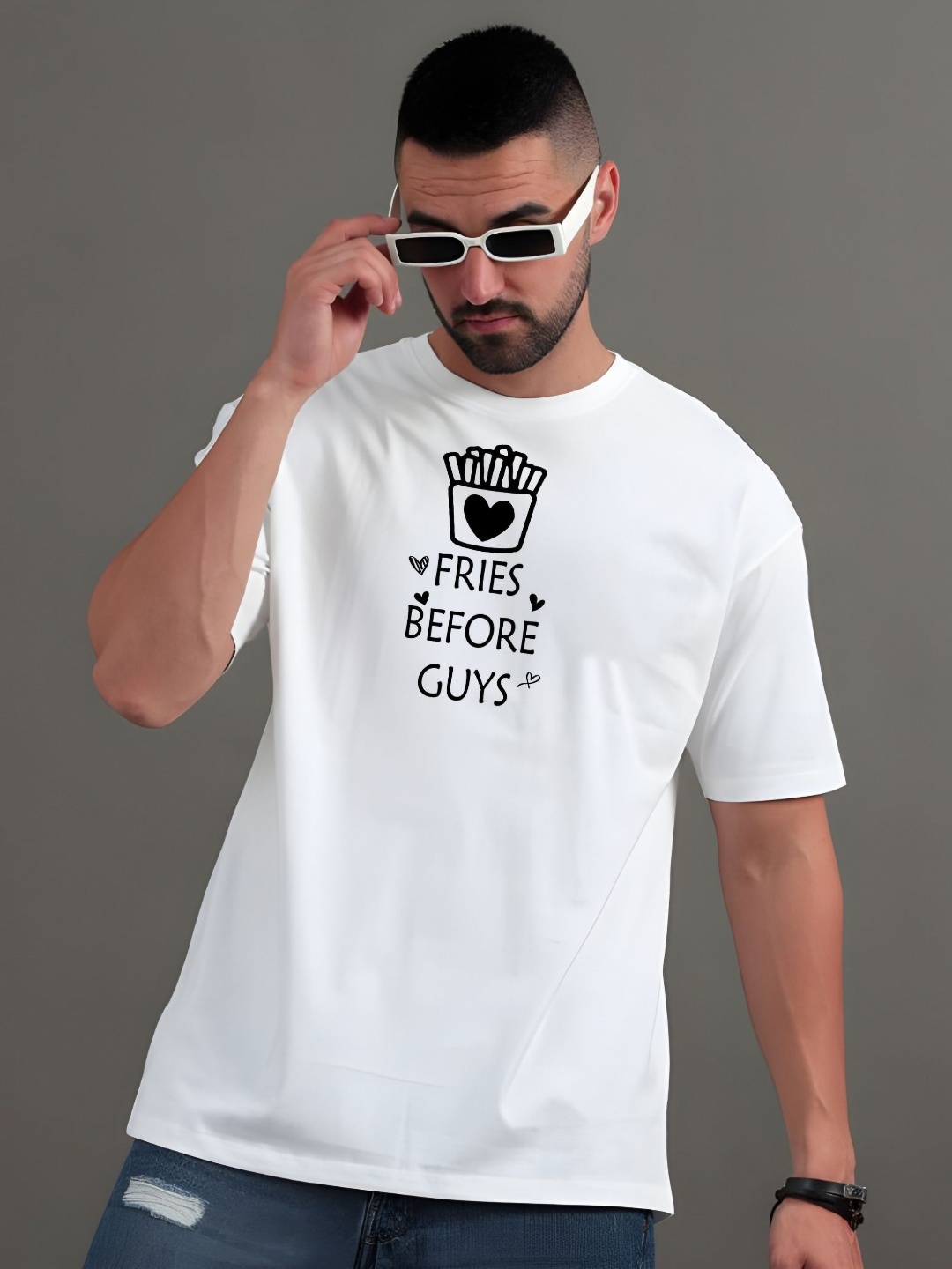 

SZN Men Graphic Printed Round Neck Cotton Oversized T-shirt, White