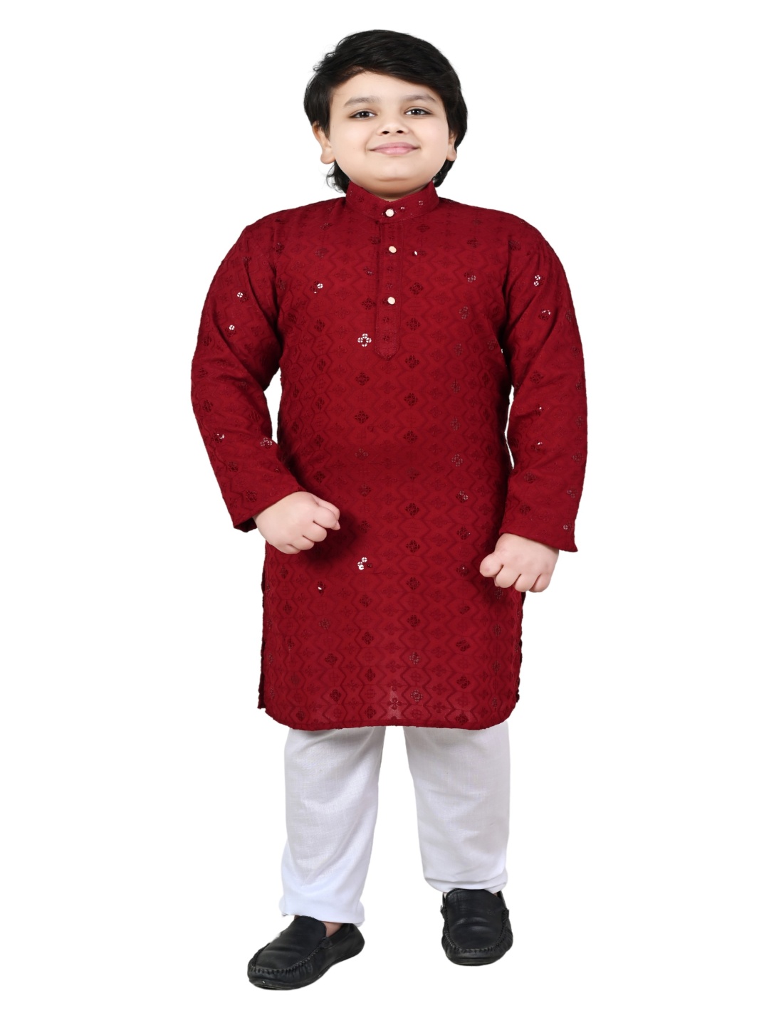 

Arshia Fashions Floral Embroidered Sequinned Band Collar Straight Kurta With Pyjamas, Red