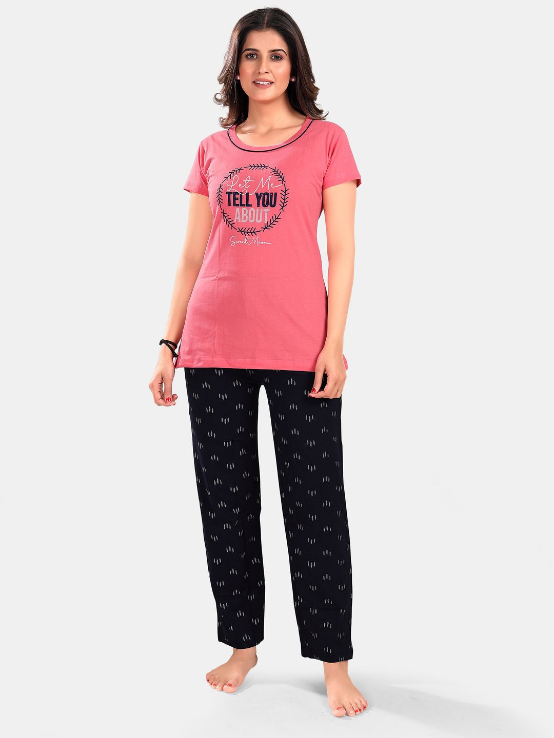 

SWEET MOON Printed Round Neck T-Shirt With Pyjama, Peach