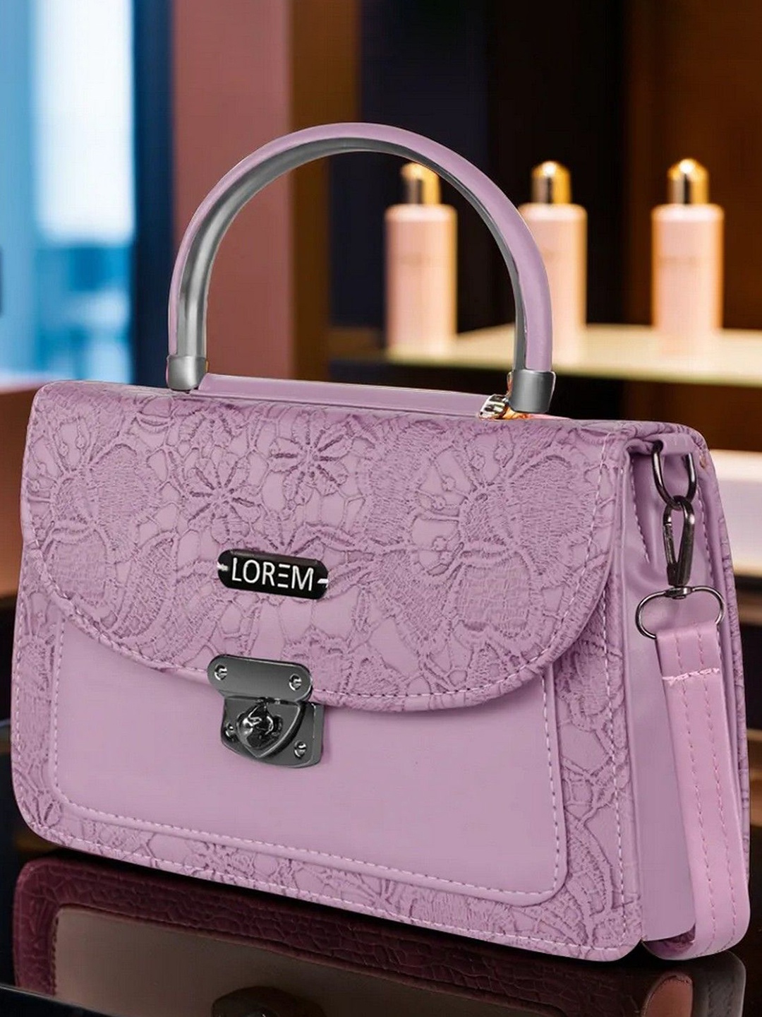 

LOREM Women Floral Printed Structured Leather Sling Bag, Pink