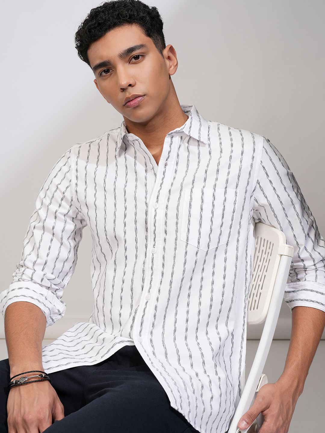 

HIGHLANDER Men Fancy Space Dyed Striped Shirt, White