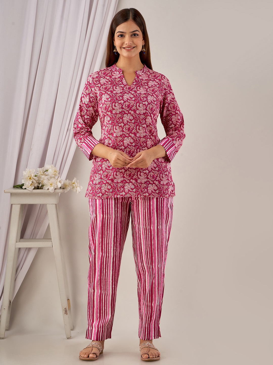 

Dreambe Floral Printed Mandarin Collar Pure Cotton Tunic With Trousers, Pink