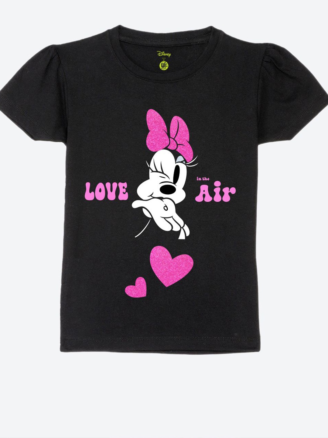 

YK Disney Print Puff Sleeve Cotton Top, Black