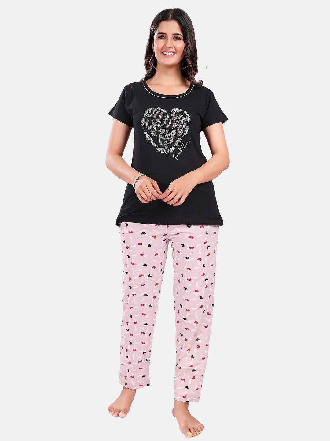 

SWEET MOON Printed Round Neck Night suit, Black