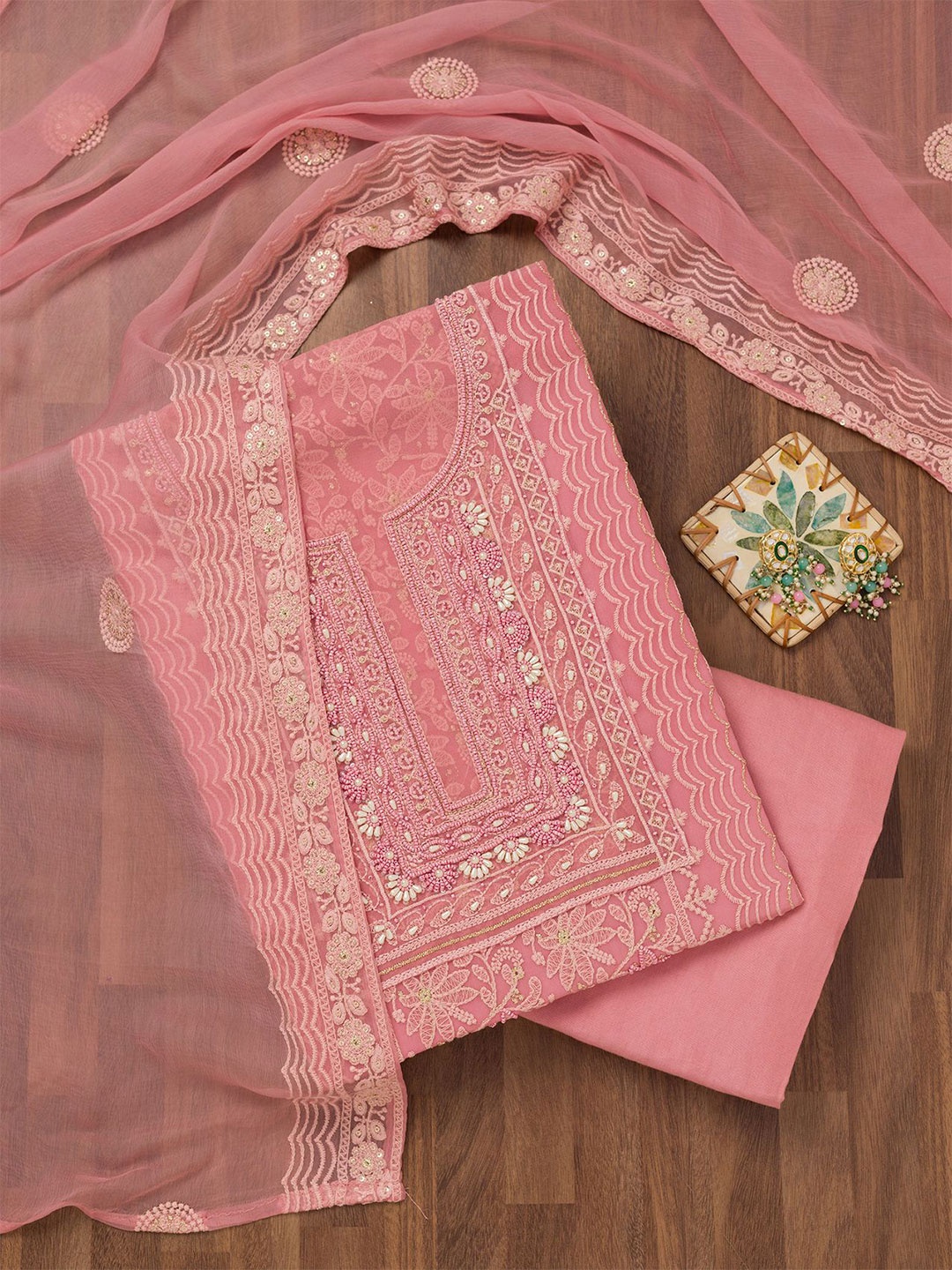 

Koskii Floral Embroidered Beads and Stones Unstitched Dress Material, Pink