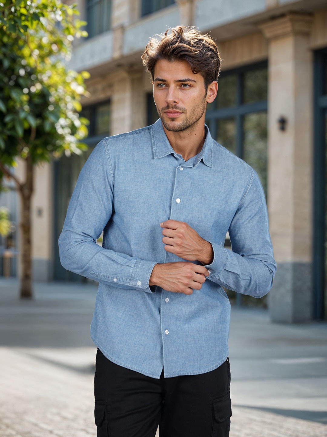 

Celio Men Classic Regular Fit Spread Collar Solid Cotton Casual Shirt, Blue