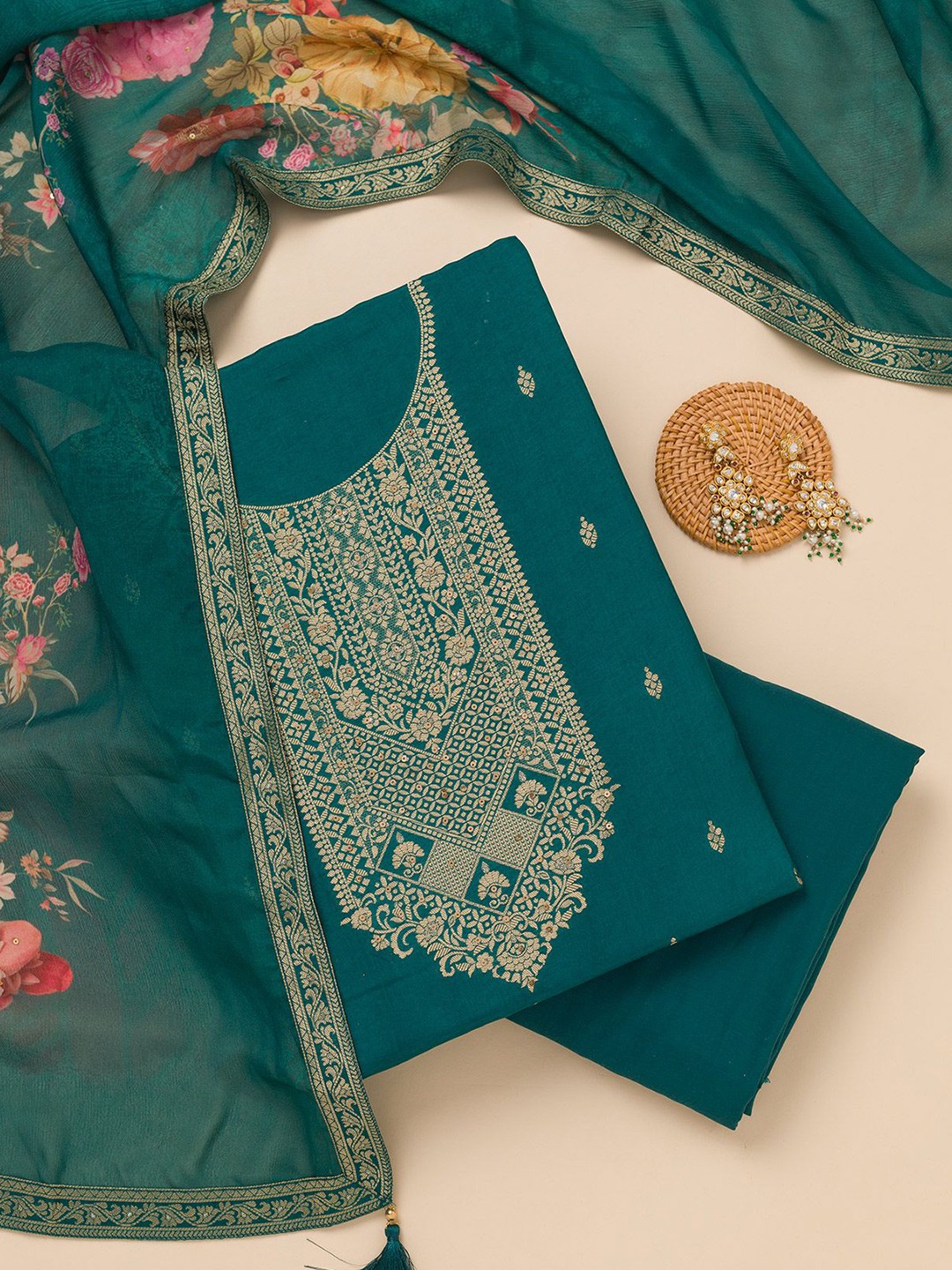 

Koskii Floral Embroidered Unstitched Dress Material, Blue