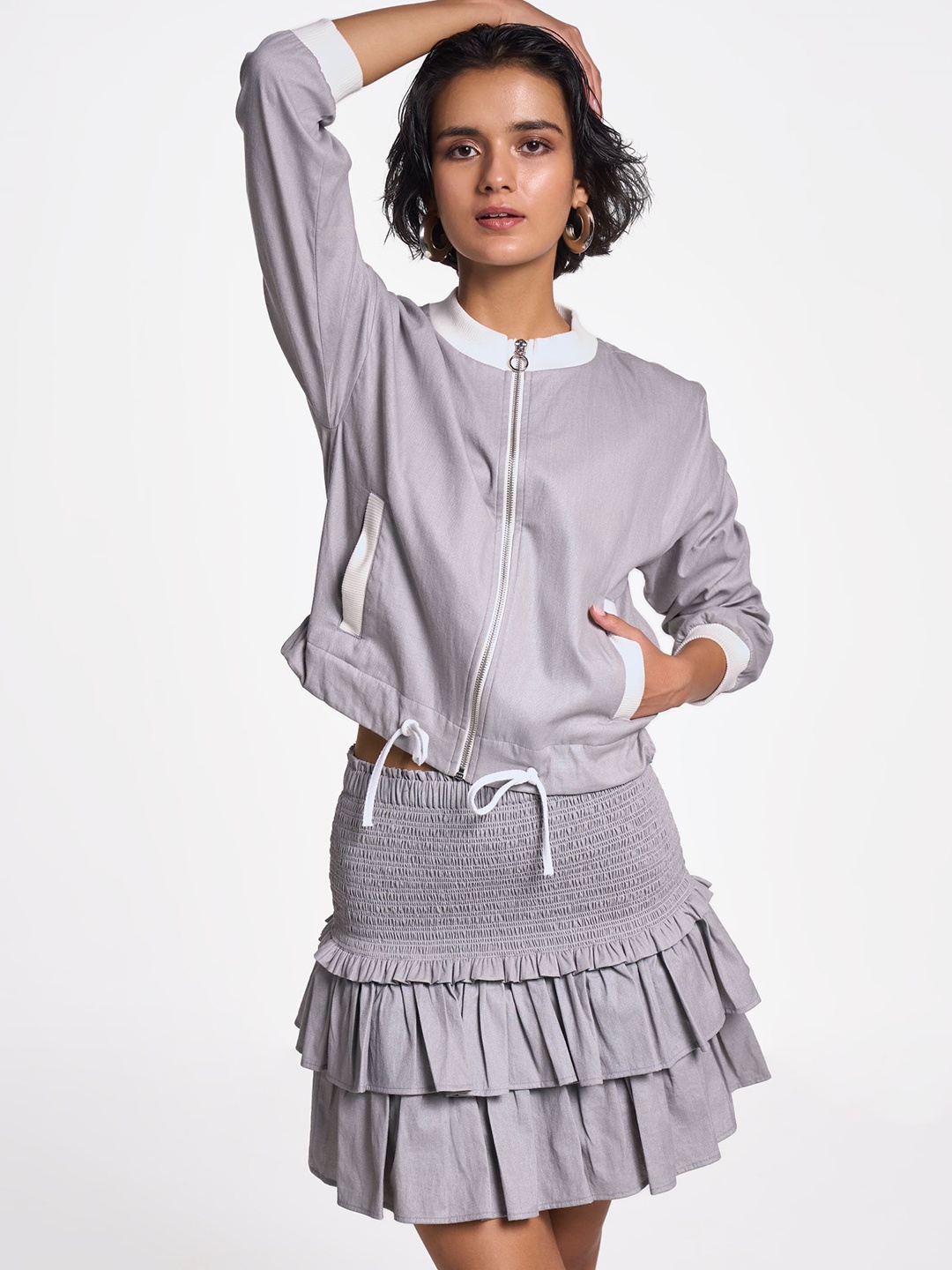 

Terra Luna Women Organic Cotton Gathered Flared Mini Skirt, Silver