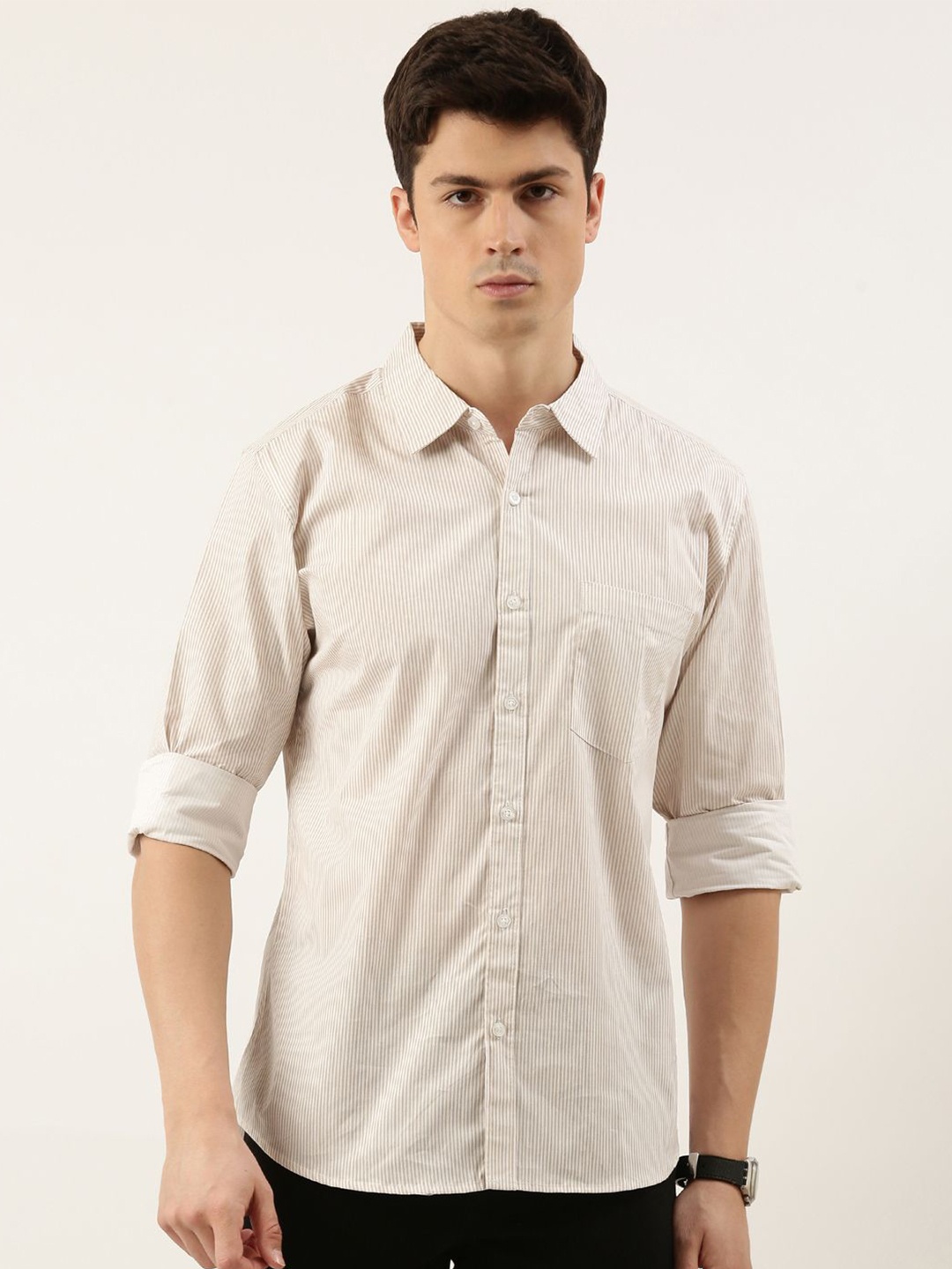 

Metronaut Men Slim Fit Spread Collar Vertical Striped Cotton Casual Shirt, Cream