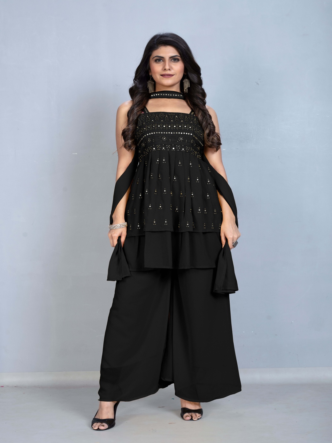 

SANCIA Shoulder Straps Embroidered Georgette Ethnic Tunic With Palazzos & Dupatta, Black