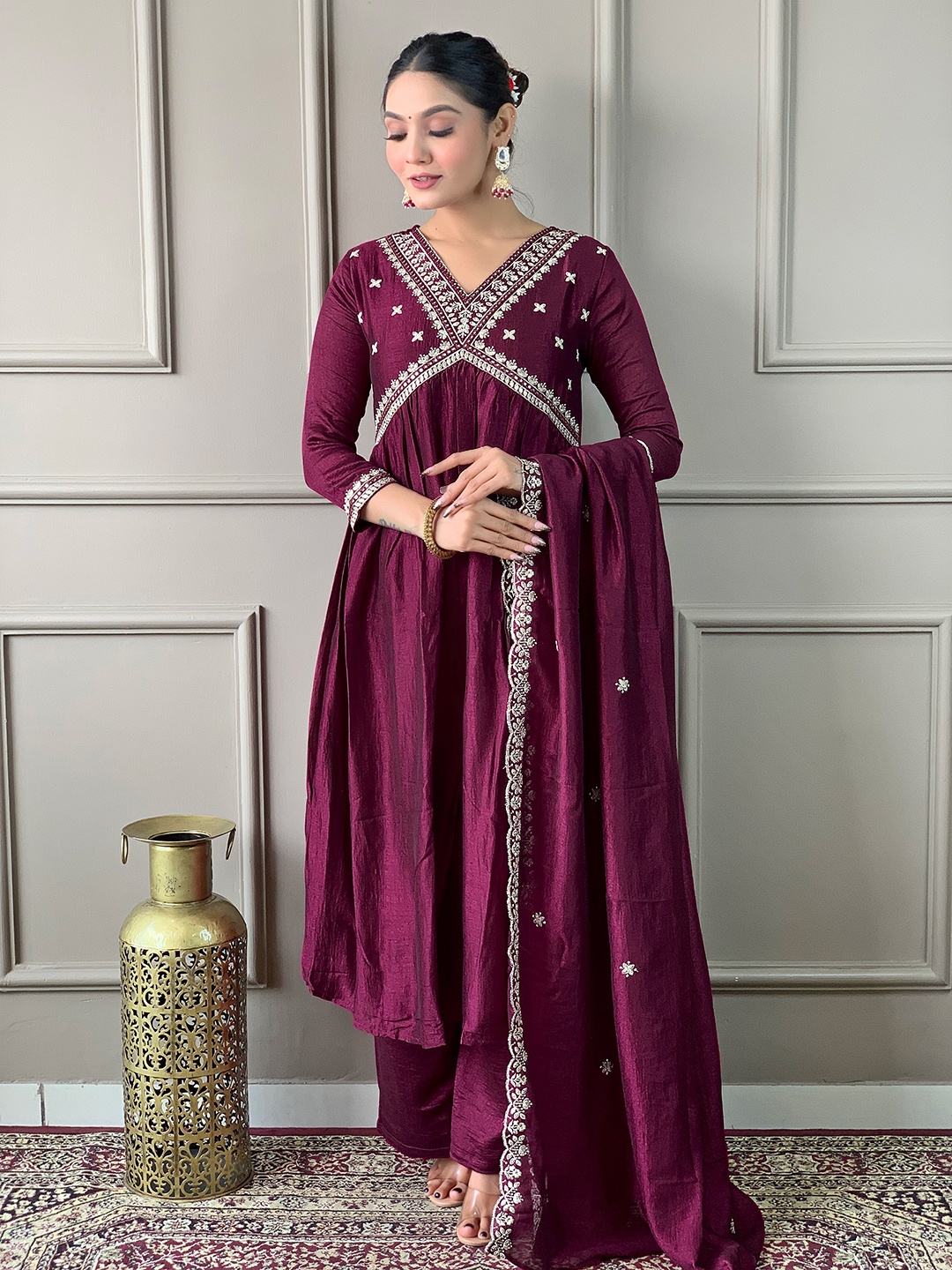 

KALINI Floral Embroidered Yoke Design V-Neck Empire Anarkali Kurta With Trousers & Dupatta, Burgundy