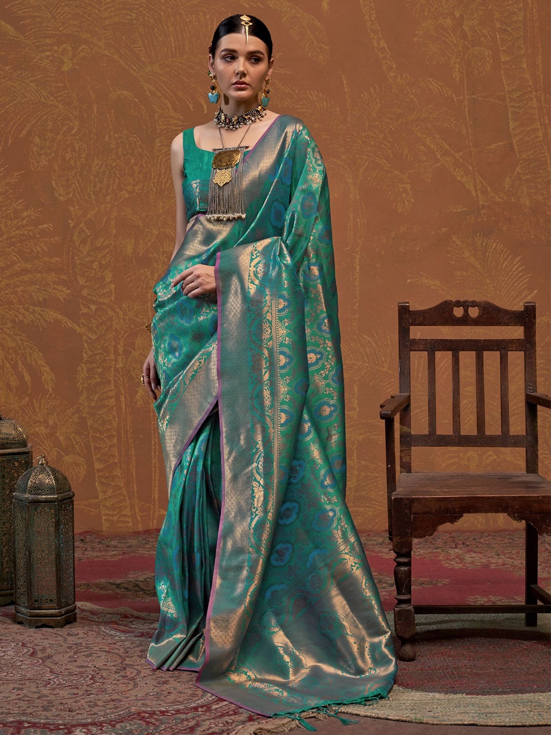 

MAHALASA Ethnic Motifs Zari Pure Silk Kanjeevaram Saree, Sea green