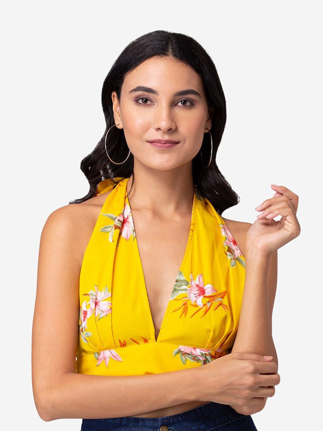 

DressBerry Floral Print Halter Neck Crepe Bralette Crop Top, Yellow