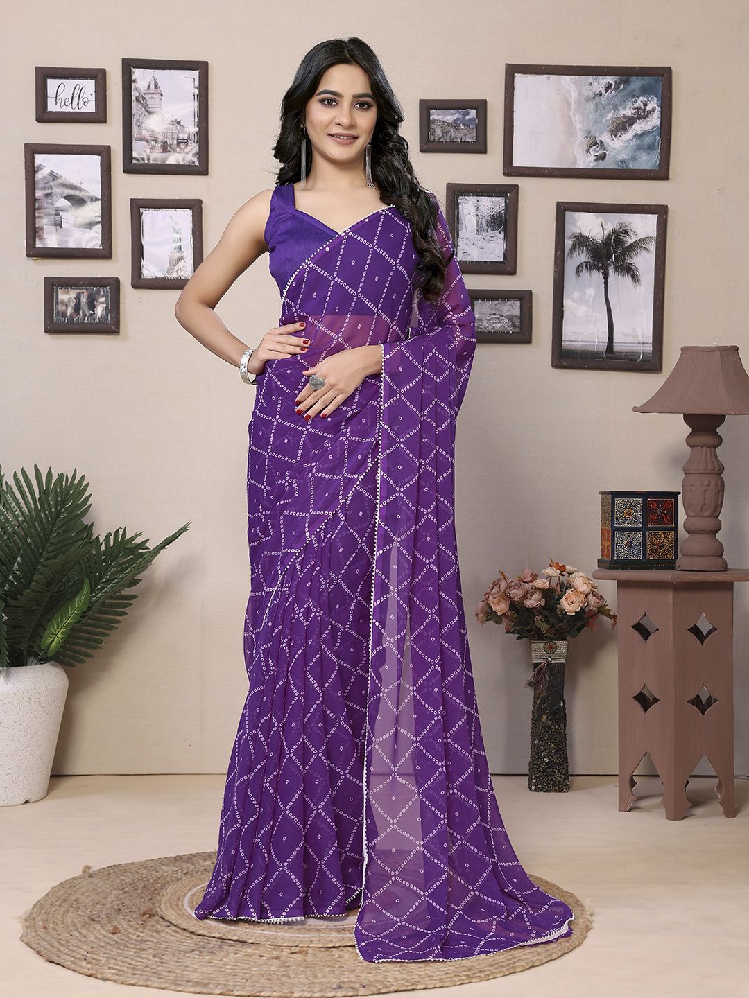 

DIVASTRI Bandhani Gotta Patti Poly Georgette Ready to Wear Saree, Purple