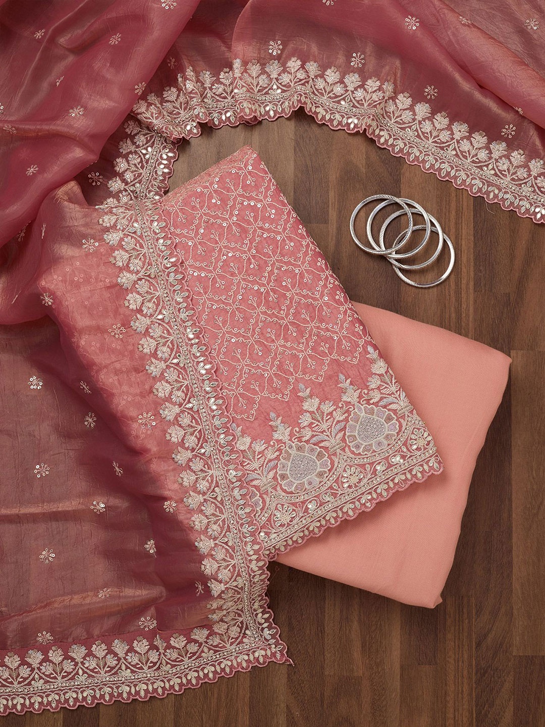 

Koskii Ethnic Motifs Embroidered Sequinned Unstitched Dress Material, Peach
