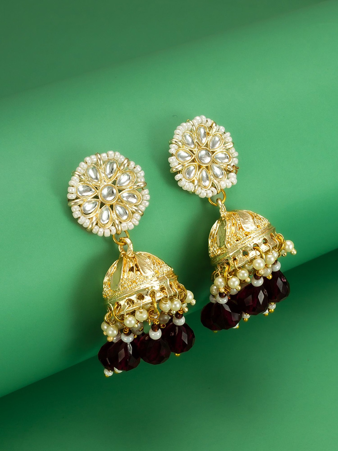 

aadita Gold-Plated Kundan Studed & Perals Beaded Dome Shaped Jhumkas