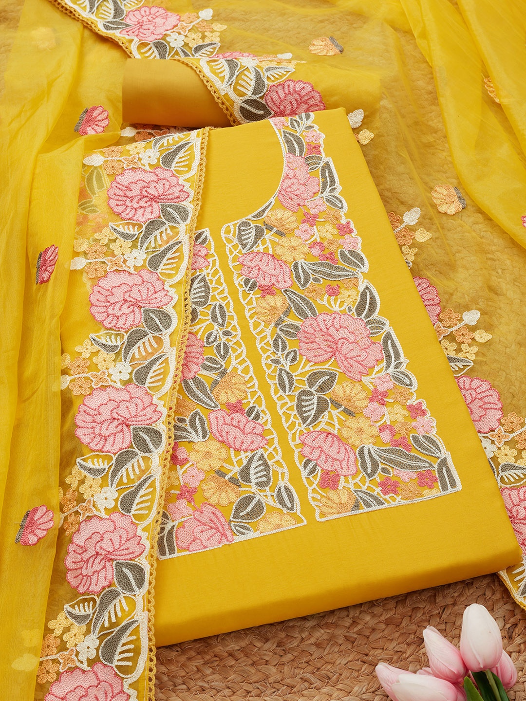 

Soch Floral Embroidered Modal Silk Unstitched Dress Material, Yellow