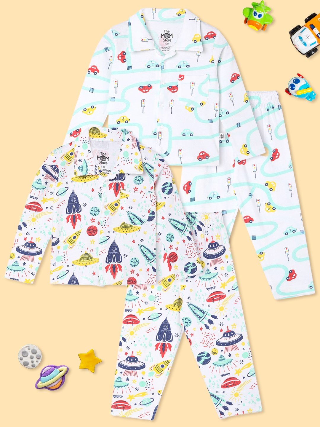 

The Mom Store Kids Pack of 2 Printed Pure Cotton Night suit, White