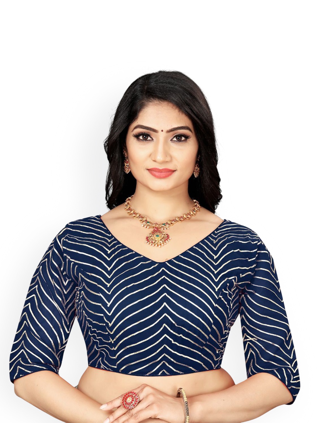 

HERE&NOW Embroidered Gotta Patti V-Neck Saree Blouse, Navy blue