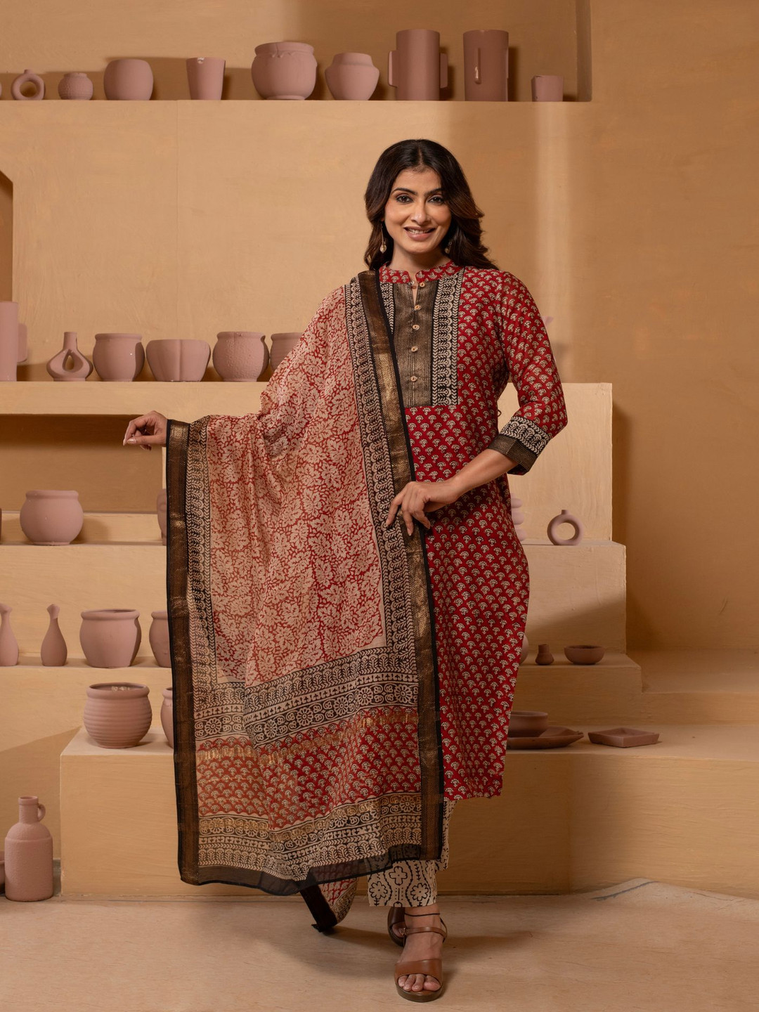 

Kasturi Creations Floral Printed Straight Chanderi Silk Kurta With Trousers And Dupatta, Red