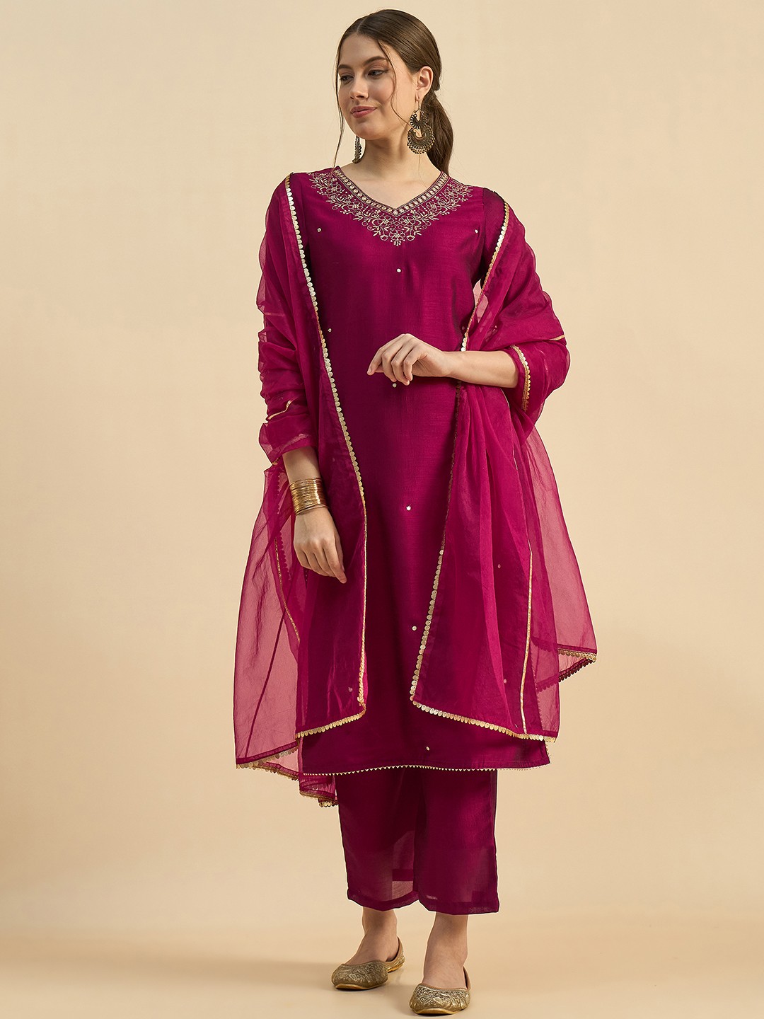 

Azira Floral Embroidered V-Neck Straight Kurta With Trousers & Dupatta, Maroon