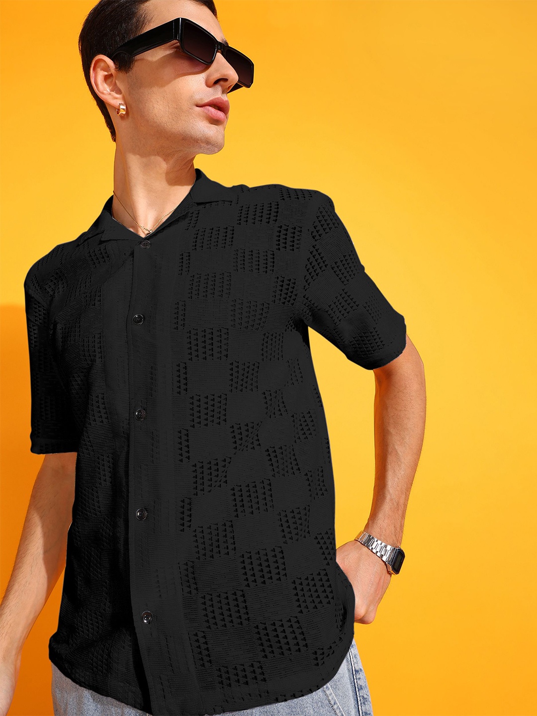 

INDICLUB Men Relaxed Fit Cuban Collar Textured Casual Shirt, Black
