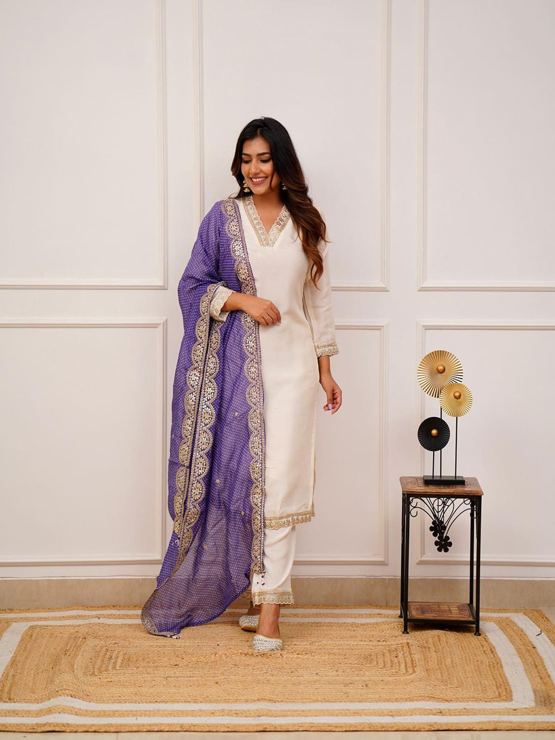 

Fashion Ritmo Floral Gotta Patti Work Chanderi Silk Straight Kurta With Trousers & Dupatta, Purple