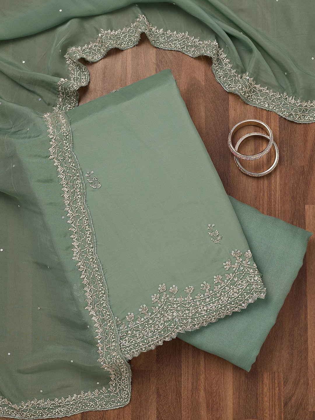 

Koskii Floral Embroidered Sequinned Tissue Unstitched Dress Material, Green