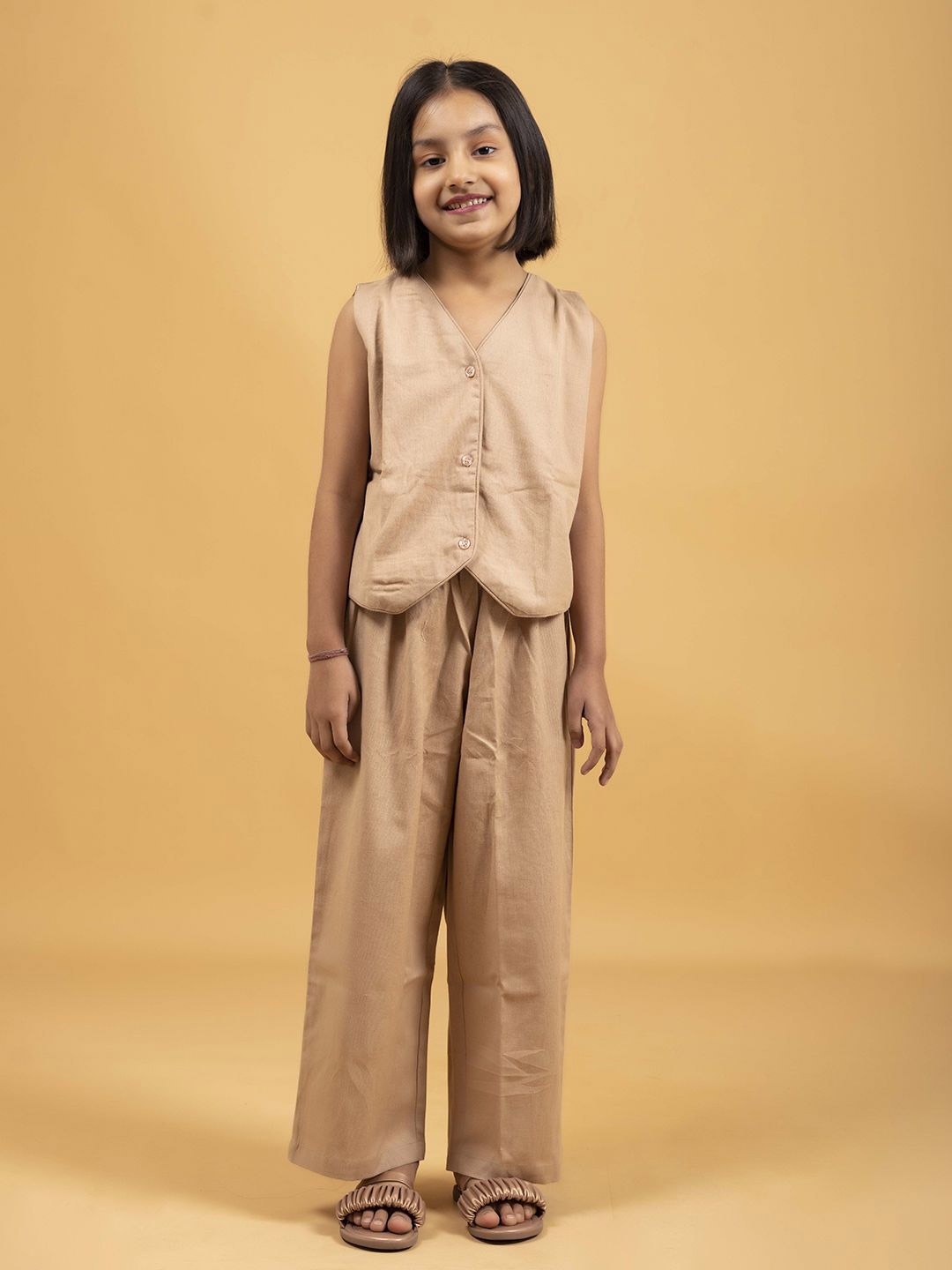 

SPARSA Girls V-Neck Pure Cotton Waistcoat With Trousers, Beige