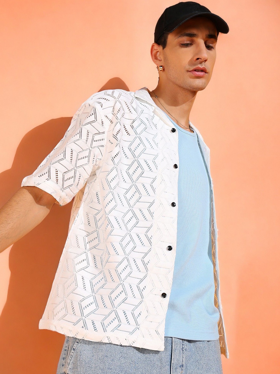

INDICLUB Men Relaxed Fit Cuban Collar Textured Casual Shirt, White