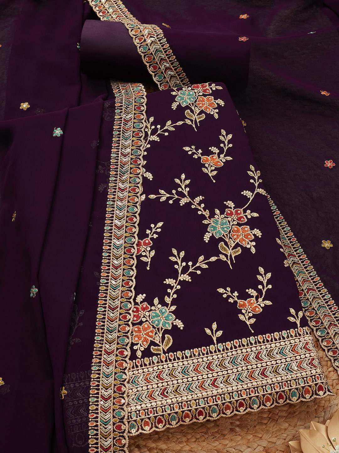 

Soch Floral Embroidered Sequinned Georgette Unstitched Dress Material, Purple