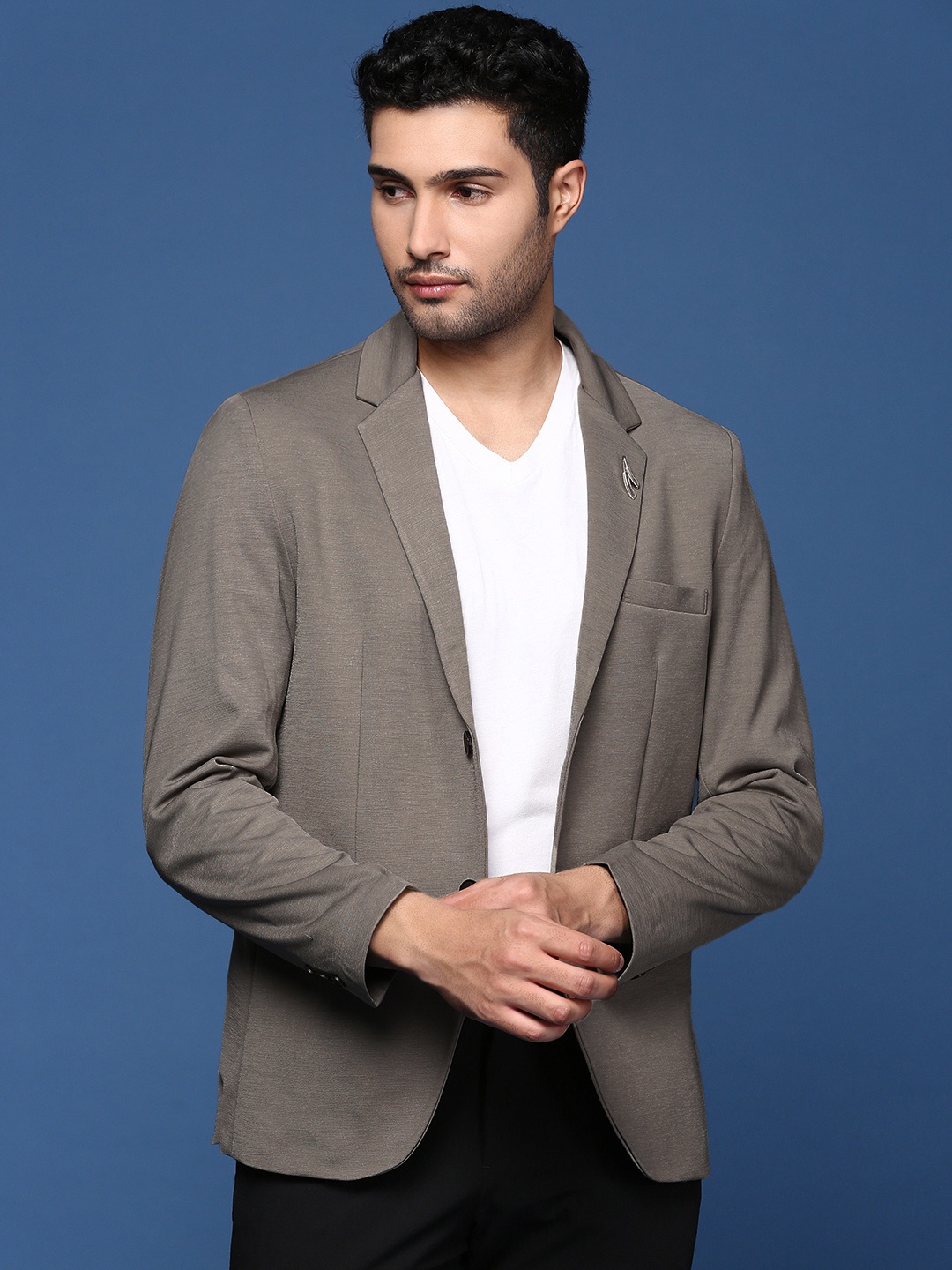 

SHOWOFF Slim-Fit Cotton Single Breasted Blazer, Grey