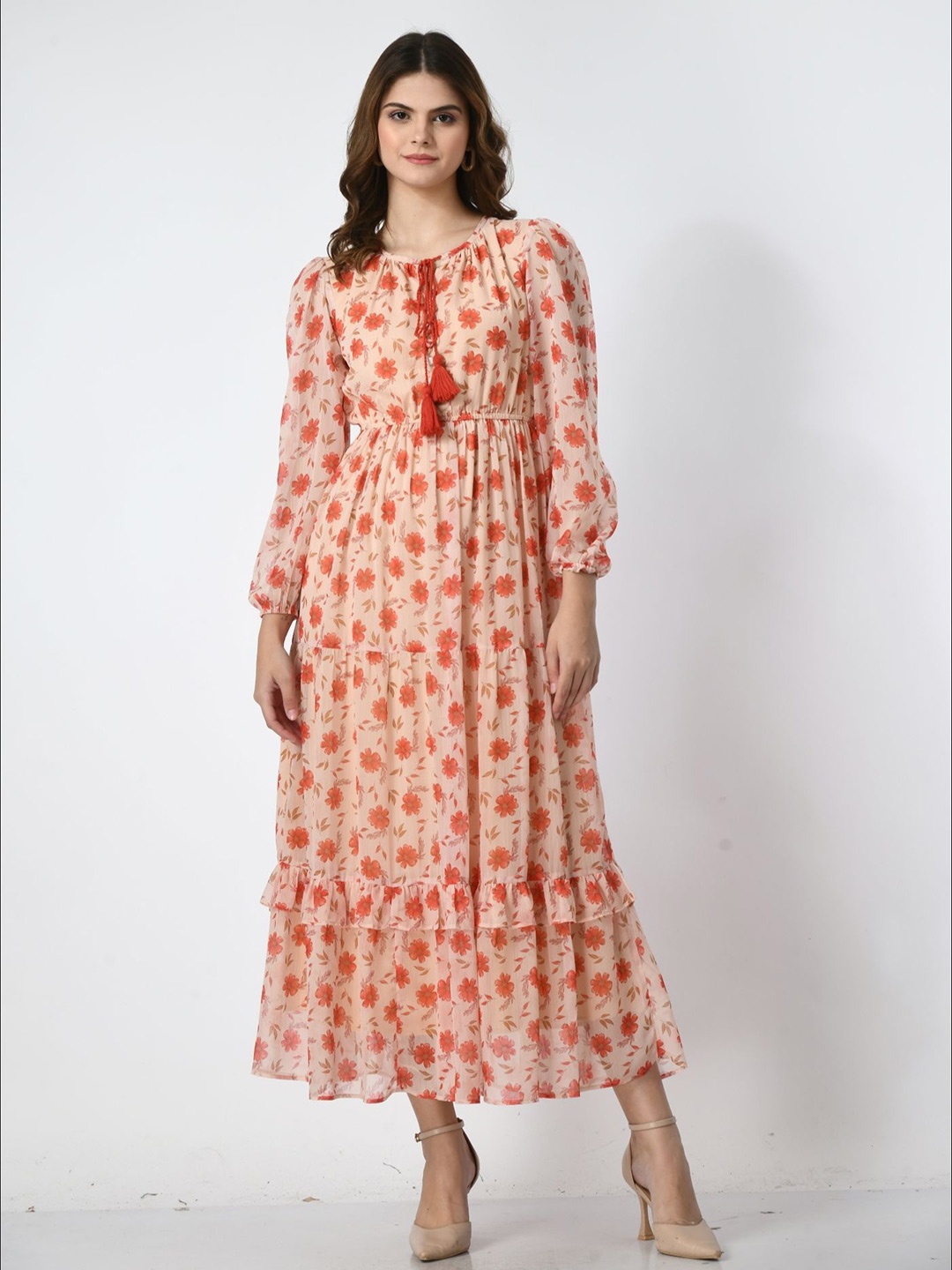 

all about you Floral Print Tie-Up Neck Puff Sleeve Chiffon Fit & Flare Maxi Dress, Peach