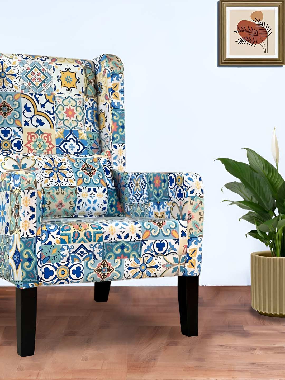 

GLOBALLY INDIAN White & Blue Wingback Wooden Arm Lounge Chair