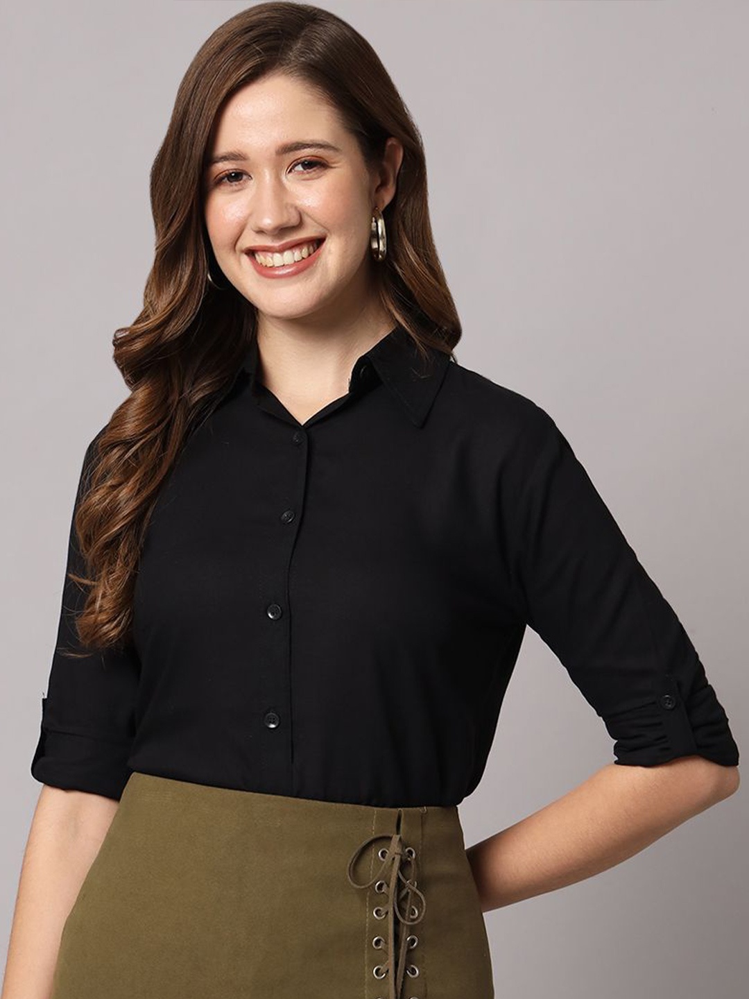 

Funday Fashion Women Regular Fit Spread Collar Solid Casual Shirt, Black