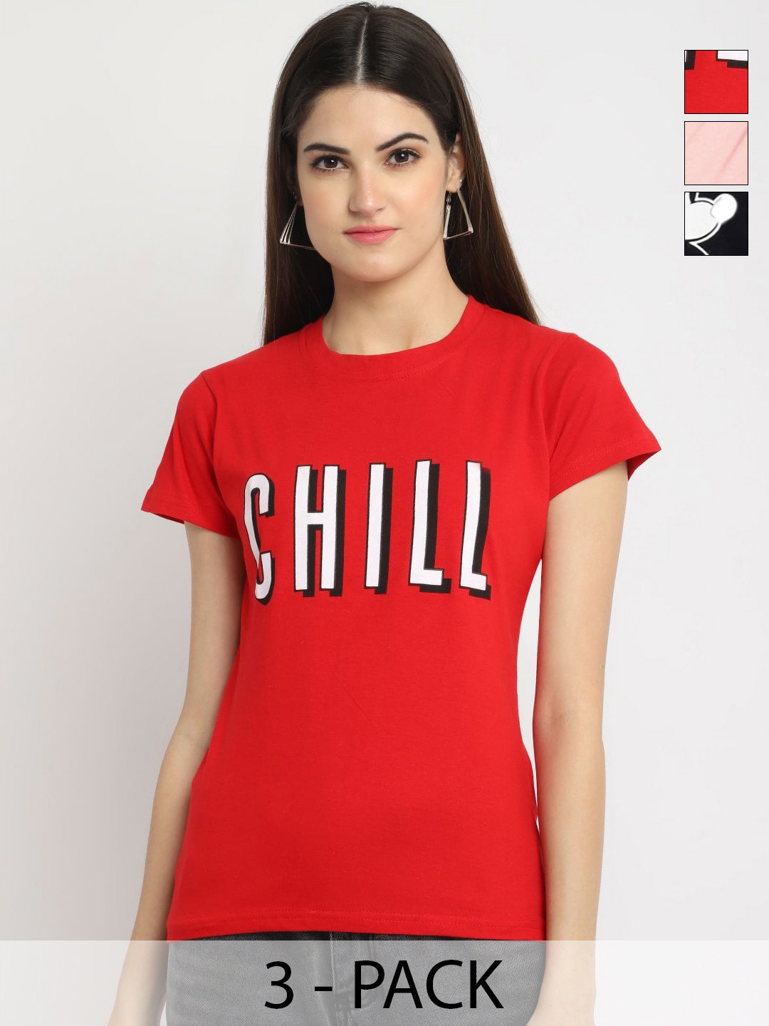 

Dreambe Women Pack Of 3 Typography Printed Round Neck Cotton T-shirts, Red