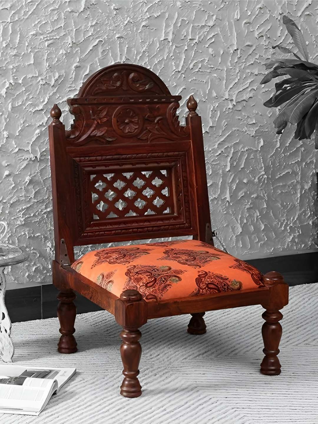 

GLOBALLY INDIAN Orange & Brown Printed Wooden Lounge Chair