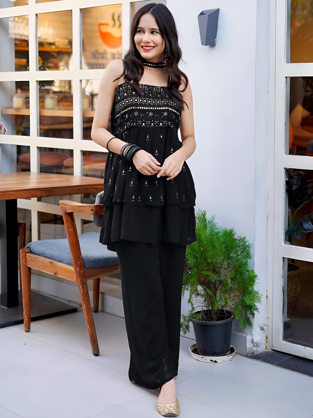 

SANCIA Floral Embroidered Sequinned A-Line Kurta With Palazzos And Dupatta, Black