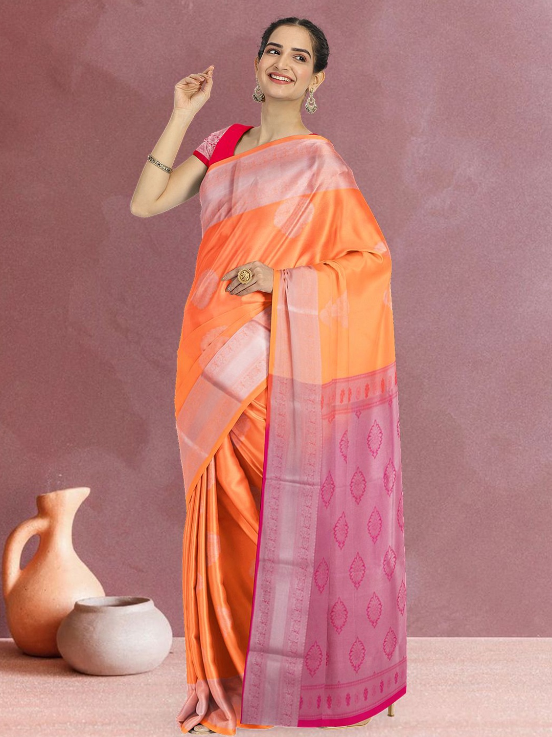 

Avishya Woven Design Zari Kanjeevaram Orange Vegan Silk Saree