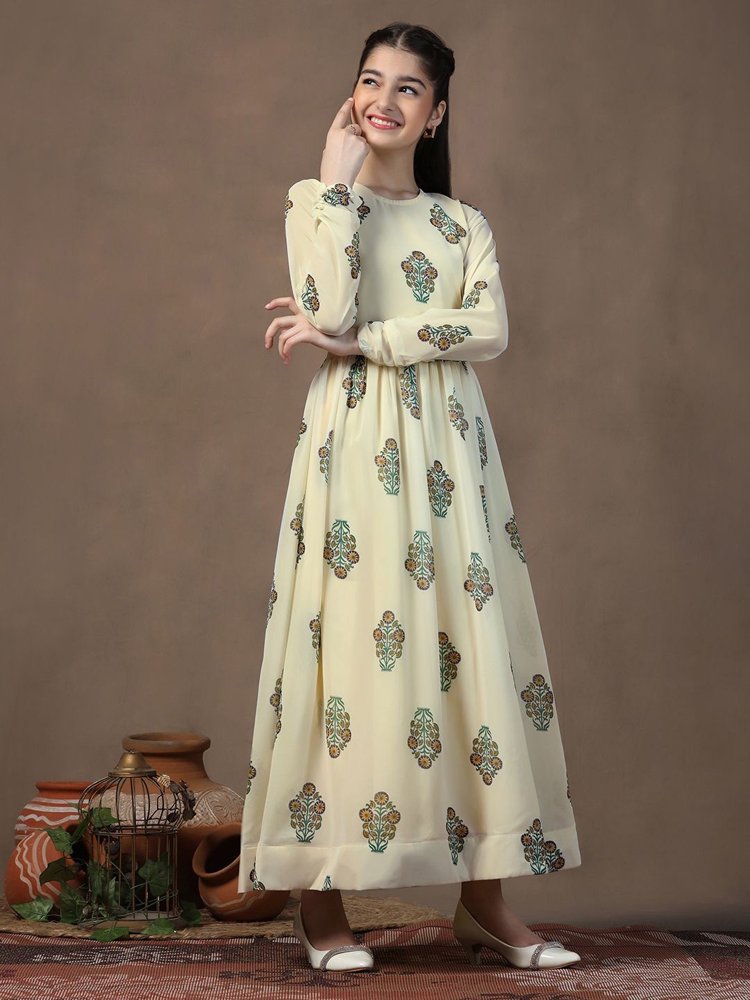 

Sangria Girls Floral Printed Fit & Flare Maxi Dress, Yellow