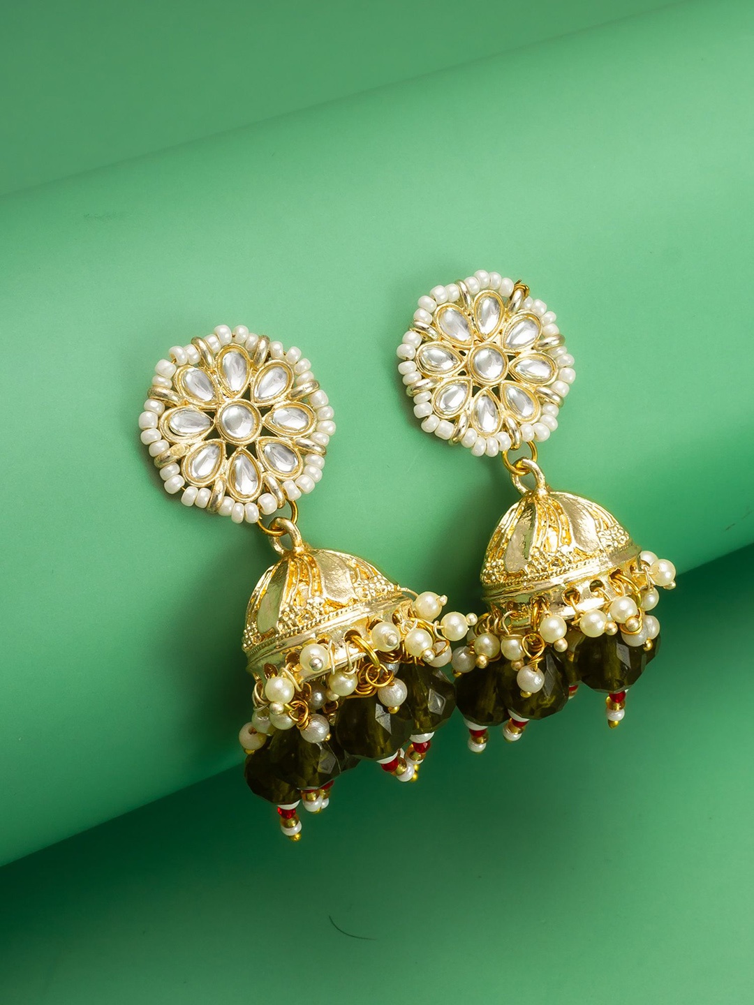 

aadita Gold-Plated Kundan Studed & Perals Beaded Dome Shaped Jhumkas